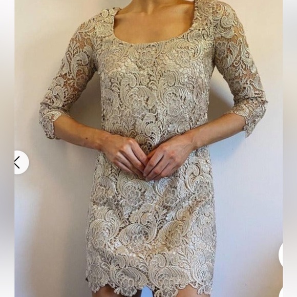 NWOT WHBM Lace Cocktail Mini Dress 3/4 Sleeves Champagne Size 2 - Picture 3 of 6
